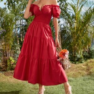 SHEIN Red Smocked Tiered Midi Dress